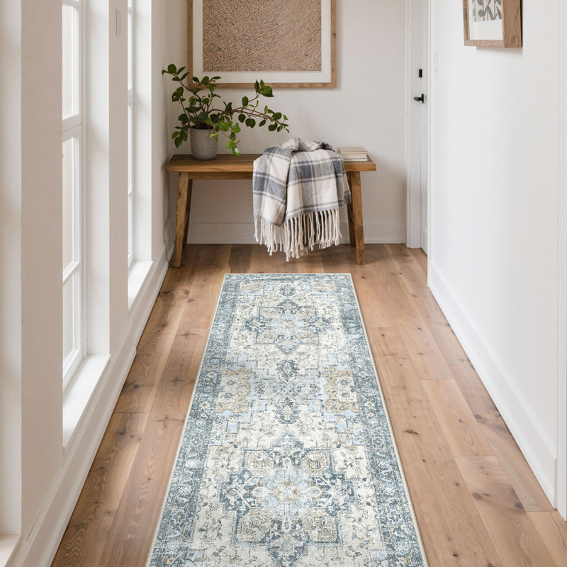 Tapis transitionnel antidérapant lavable à la machine, Tapis de couloir 2 pi x 6 pi, Bleu
