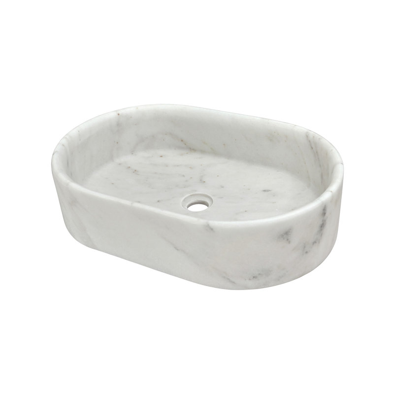 White Natural Marble Bathroom Vessel Sink, White/Natural
