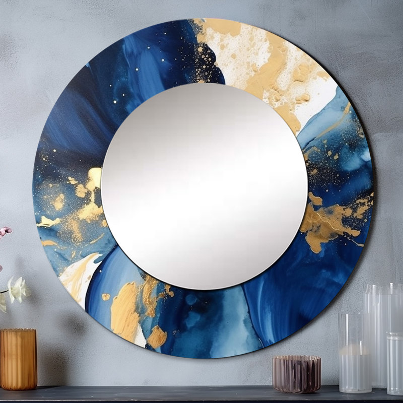Miroir décoratif bleu foncé et doré à motif de fractales, motif de grandes rondes, impression sur métal, 23 po x 23 po