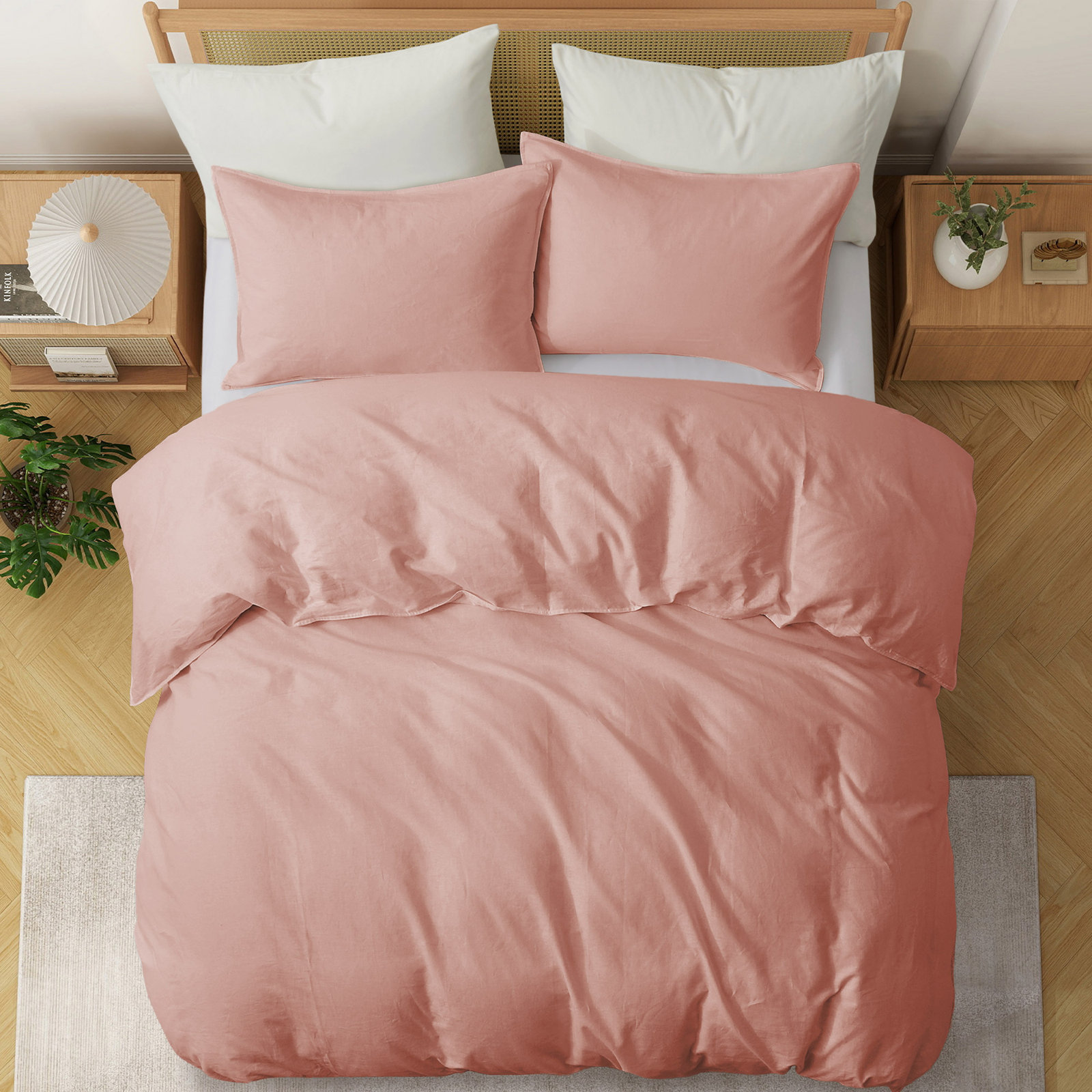Boseman 100% Linen Duvet Reversible Duvet Cover Set, King Duvet Cover + 2 King Pillowcases, Pink