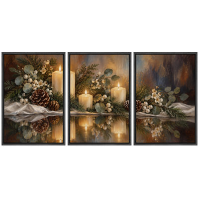 Tableau de Noël avec bougies, pommes de pin et fleurs, nature morte, décor de salon, impression giclée sur toile encadrée en 3 parties - 3 pièces de 40,6 x 61 cm et 3 pièces de 61 x 91,4 cm