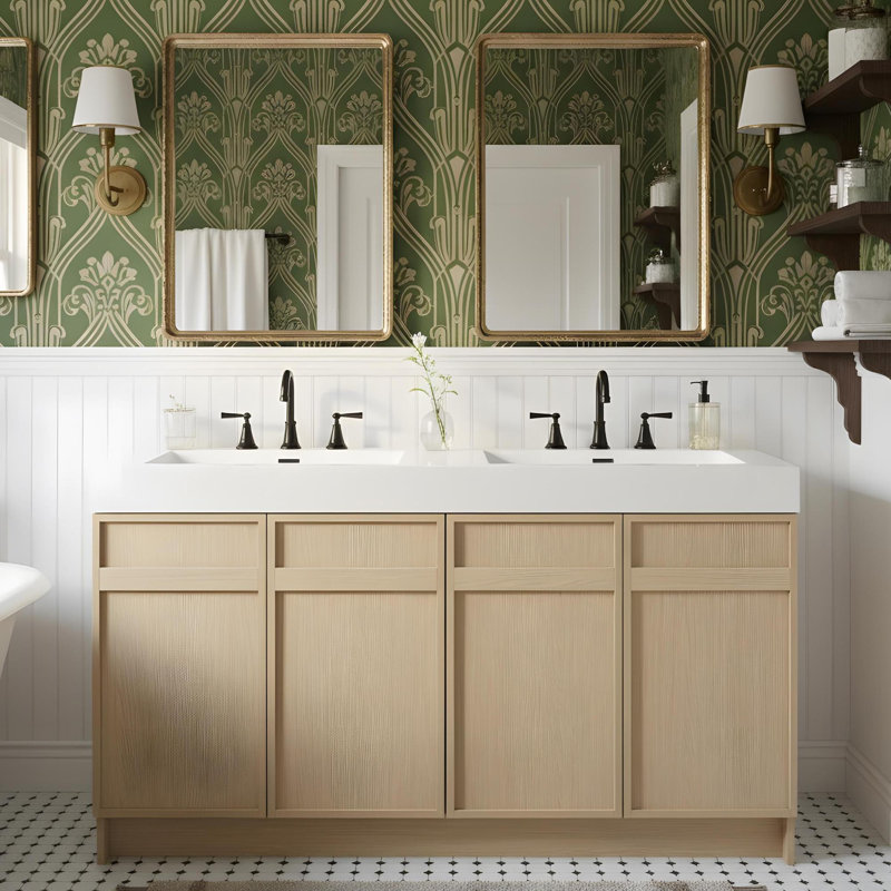 Meuble-lavabo autoportant de 60 po avec lavabo en résine et portes d'armoire à fermeture en douceur
