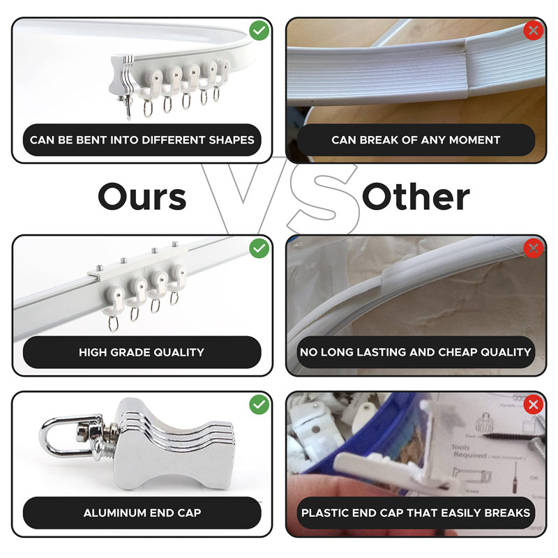 Rail de rideau flexible en aluminium 3 pi-9,8 pi / 3 mètres-Rail pliable pour rideaux, système de rail de rideau à fixation murale / au plafond pour rideau de douche incurvé, rail de rideau de véhicule récréatif / coulissant (blanc)