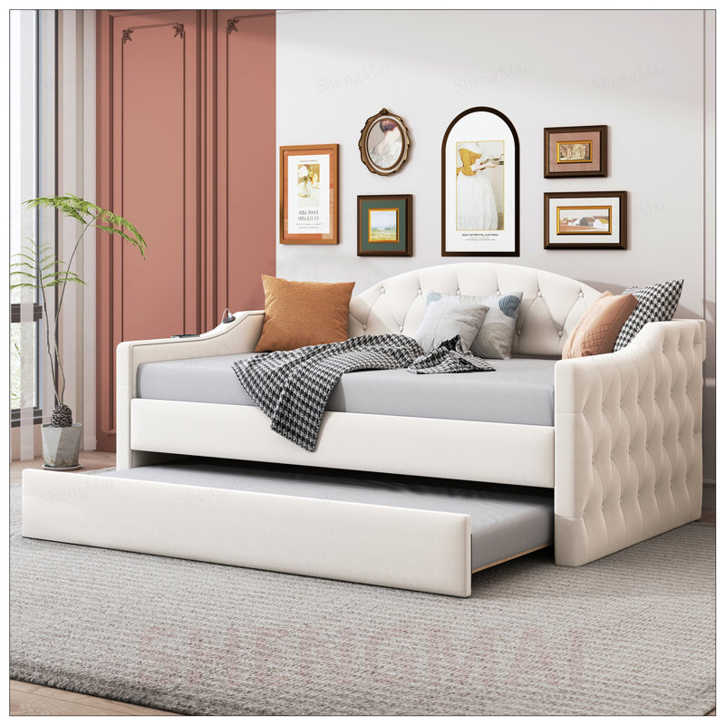 Lit de jour simple rembourré capitonné avec couchette, canapé-lit en velours avec USB, ports de charge de type C, aucun sommier nécessaire