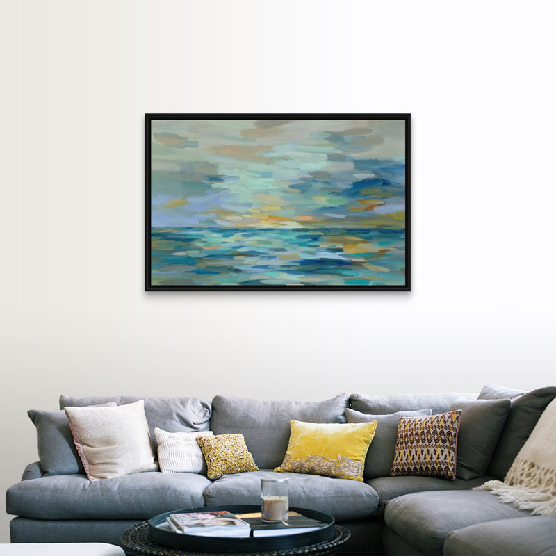 «Pastel Blue Sea» par Silvia Vassileva - reproduction, H 34 po x l 50 po x P 1,75 po, Cadre flottant noir
