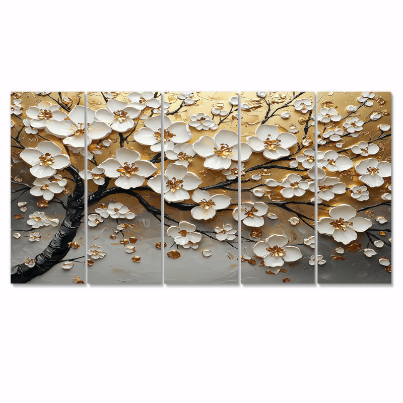 Dreaming White and Gold Cherry Blossom Branch I - Ensemble de décoration murale cerisier en fleurs, H 32 po x l 80 po