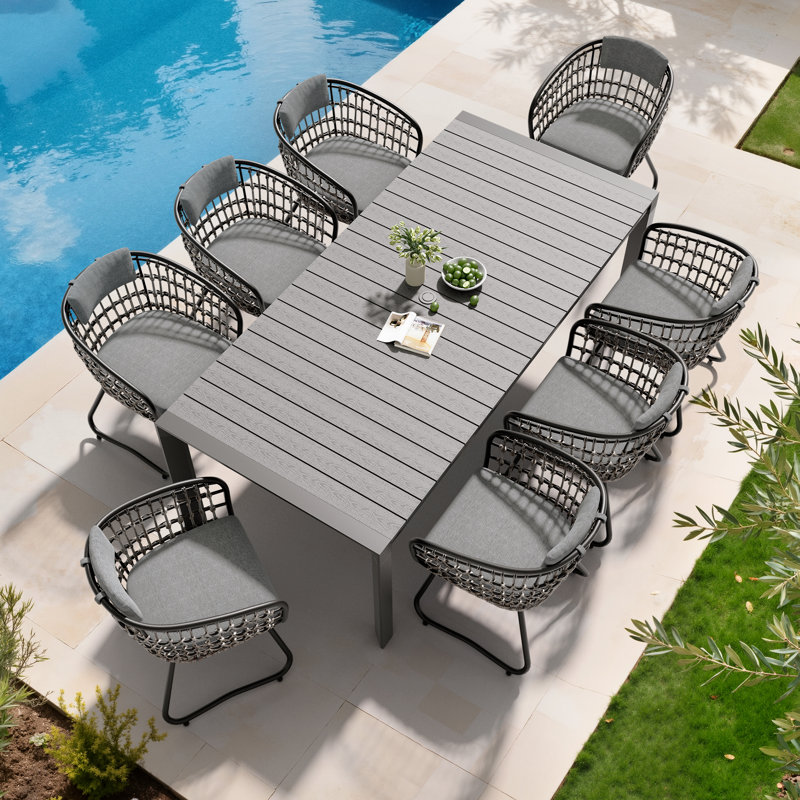 8 - Person Aluminum Patio Dining Set With Rattan Chairs And Umbrella Hole, Gray Cushion/Dark Gray Table Top