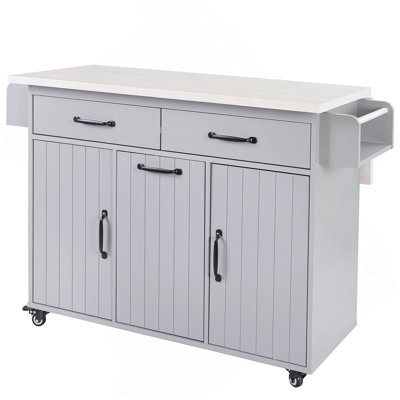 Kitchen Island With Trash Can Storage Cabinet, Kitchen Cart With Drop Leaf, Spice Rack, Towel Rack And Drawer, Rolling Kitchen Island On Wheels With Adjustable Shelf, Grey