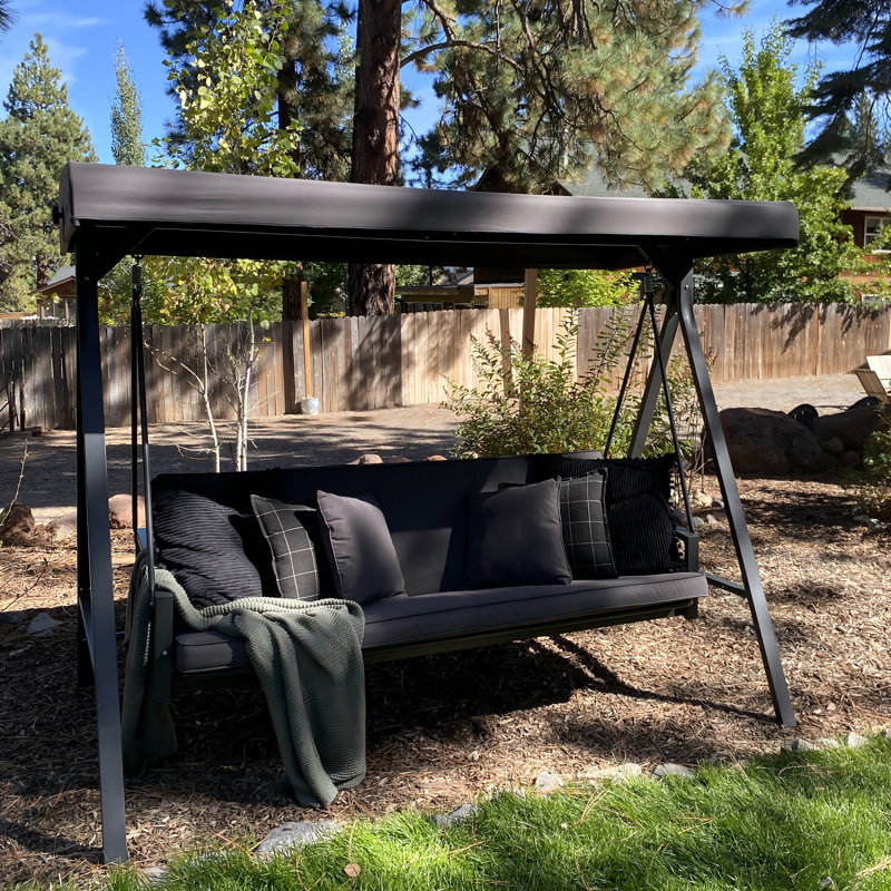 Mirga 3-seat Large Porch Swing Stand with Adjustable Backrest and Cushion and Pillows Included, Gray