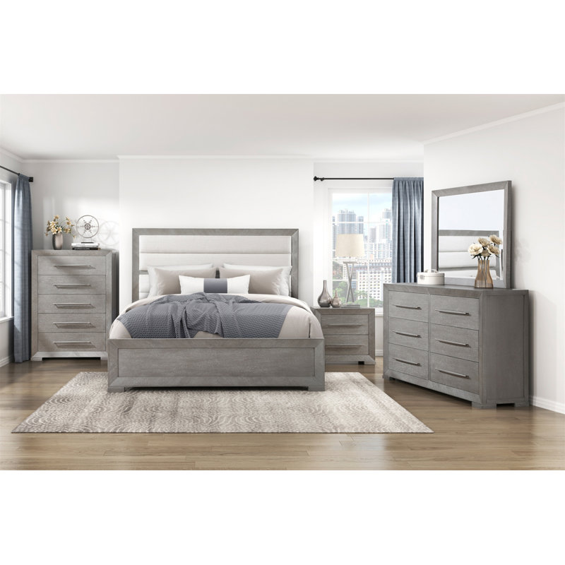 Élégant lit à finition grise avec tête de lit capitonnée et mobilier de chambre à coucher moderne en bois 1pc
