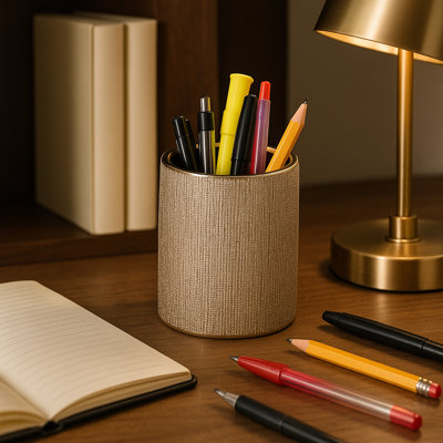 Modern Ceramic Round Pencil Holder Desktop Organizer for Bedroom Decor - Textured Storage Desk Accessory Accent for Kitchen, Office & Bathroom - Champagne