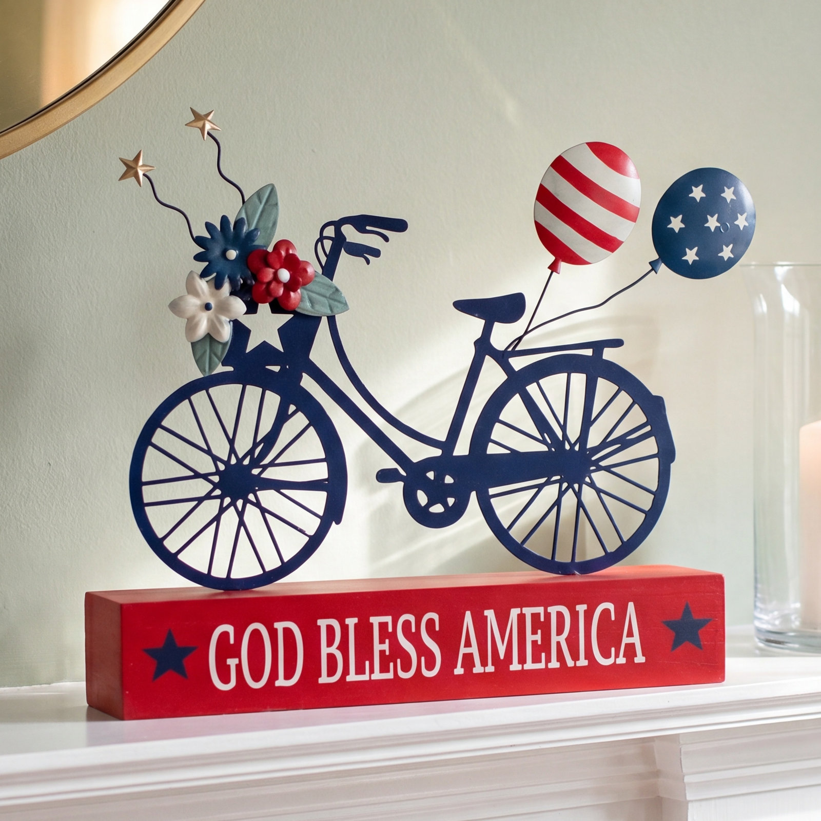 Patriotic USA Flag Bicycle Wooden Block Sign