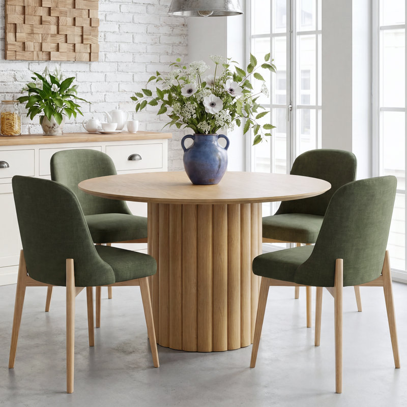 4 - Person Modern Round Dining Set With 4 Upholstered Chairs, Green