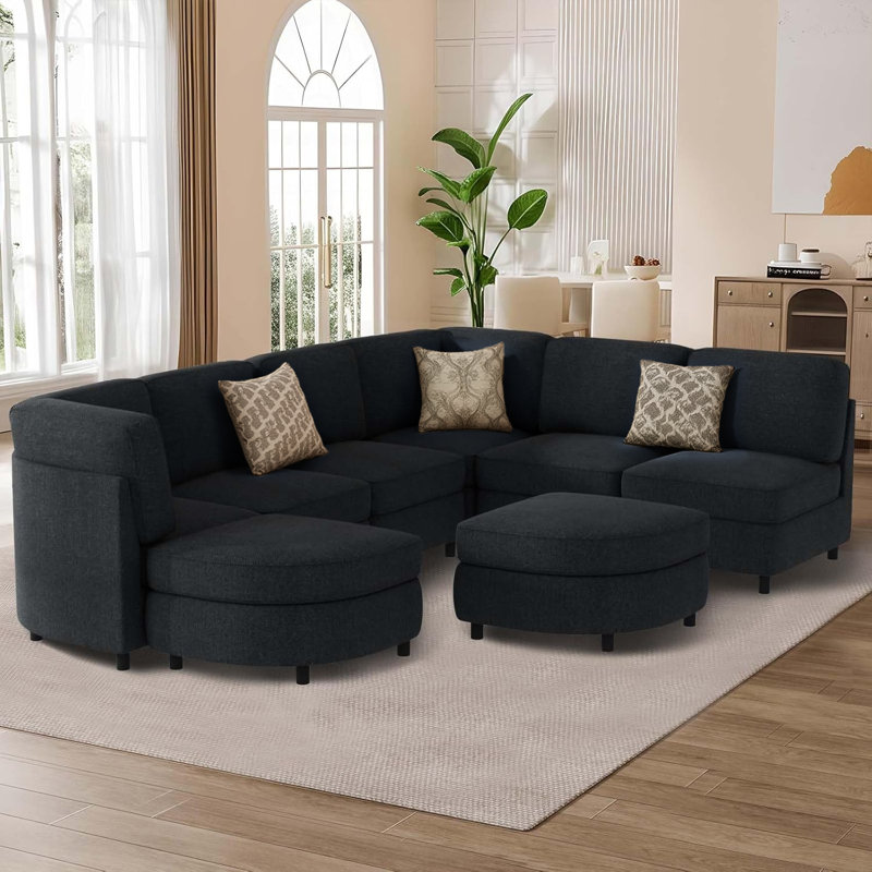 8 - Piece Chenille Fabric Sectional With Storage, Black Chenille