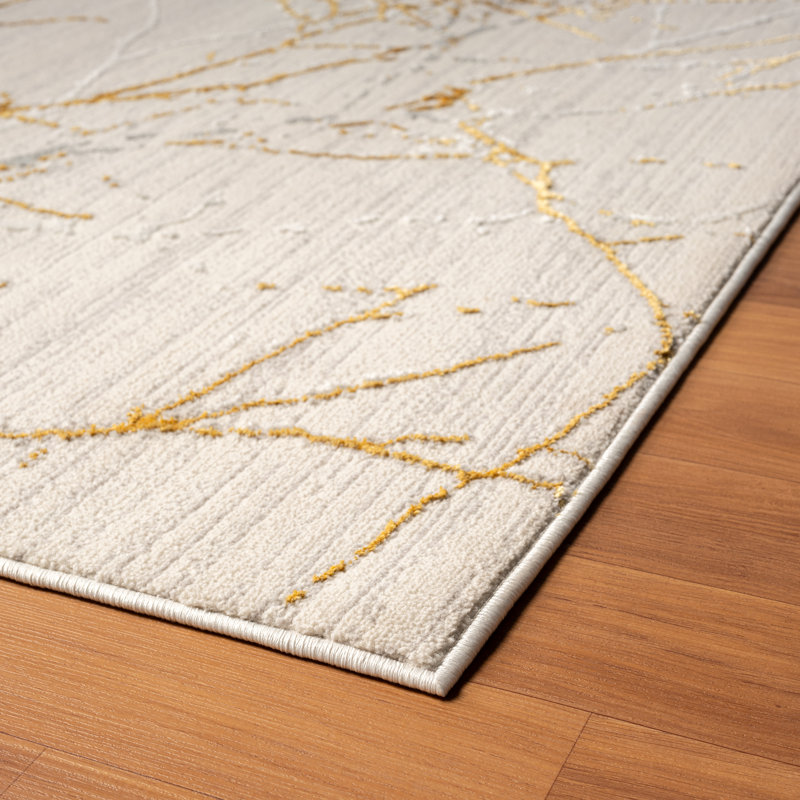 Tapis moderne moderne à motif abstrait, Rectangle 5 pi 3 po x 7 pi 3 po, Crème / doré