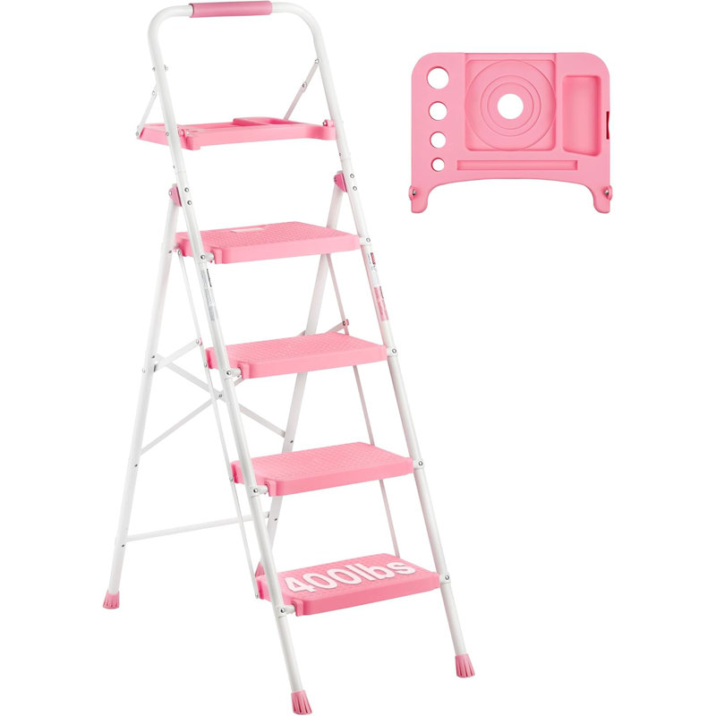 Black and White Steel Folding 4-Step Ladder with Tool Platform
