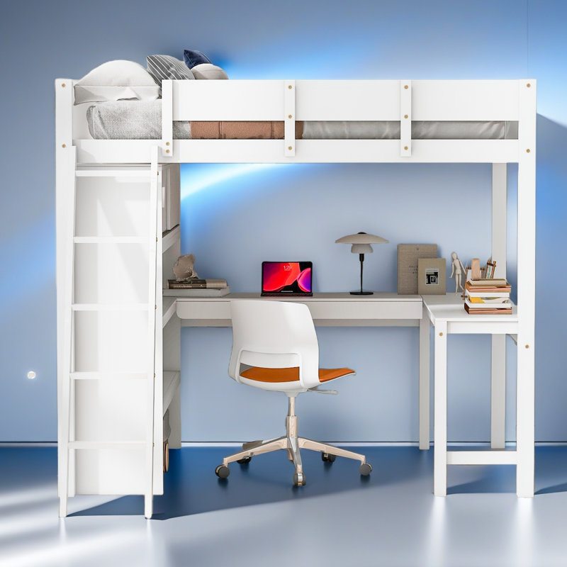Lit mezzanine double avec bureau et tablette, Blanc