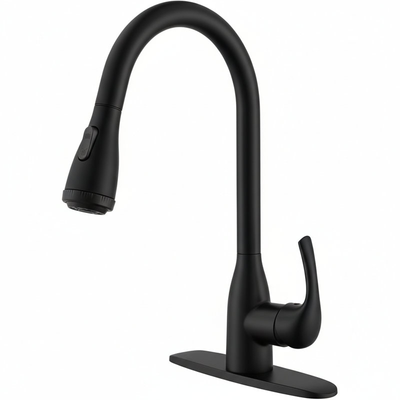 Modern High Arc Single Handle Pull-Down Kitchen Faucet with Deck Plate, Matte Black
