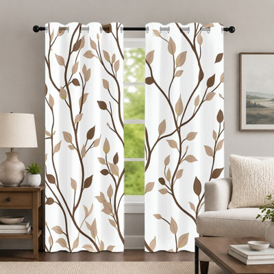 2Pcs White Branch-Pattern Curtains, Minimalist Style Curtain, Farmhouse Nature Plant Printed Art Grommet Drapes, Window Treatment for Bedroom Living Room Decor