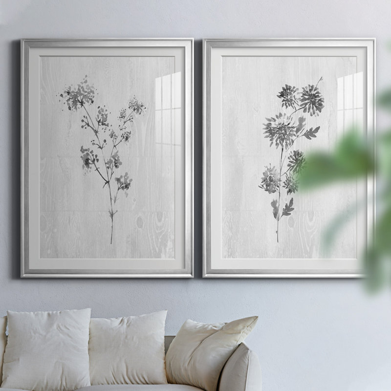 Neutral Meadow I - ensemble de 2 reproductions d'art, H 26,5 po x l 73 po x P 1,5 po, Papier avec cadre argenté, Blanc