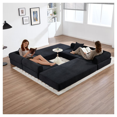 United We Win Convertible Folding Sofa Bed with Fixed Frame, Black Corduroy 4-Seat Multi-Position Lounge
