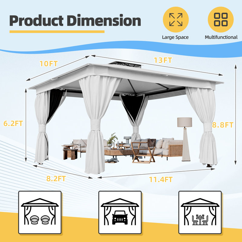 10'x13' Soft-top Gazebo, Heavy-Duty Outdoor Gazebo with Double Roofs, UV Protection & Curtains – Ideal for Patio, Deck, Lawn, and Backyard Use, White