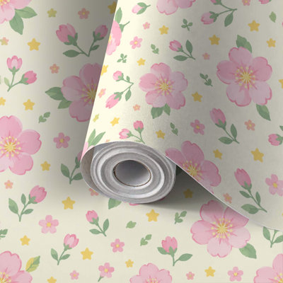Papier peint adhésif décoratif à motifs floraux roses, jaunes et étoiles, crème, amovible et facile à poser. Idéal pour les locataires, à faire soi-même, pour chambre, salon, cuisine, salle de bain ou mur d'accent.