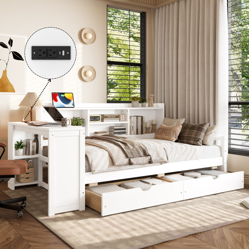 Twin Size Corner Daybed with Storage Drawers & Desk & Charging Port & Bookcase of White Color, White