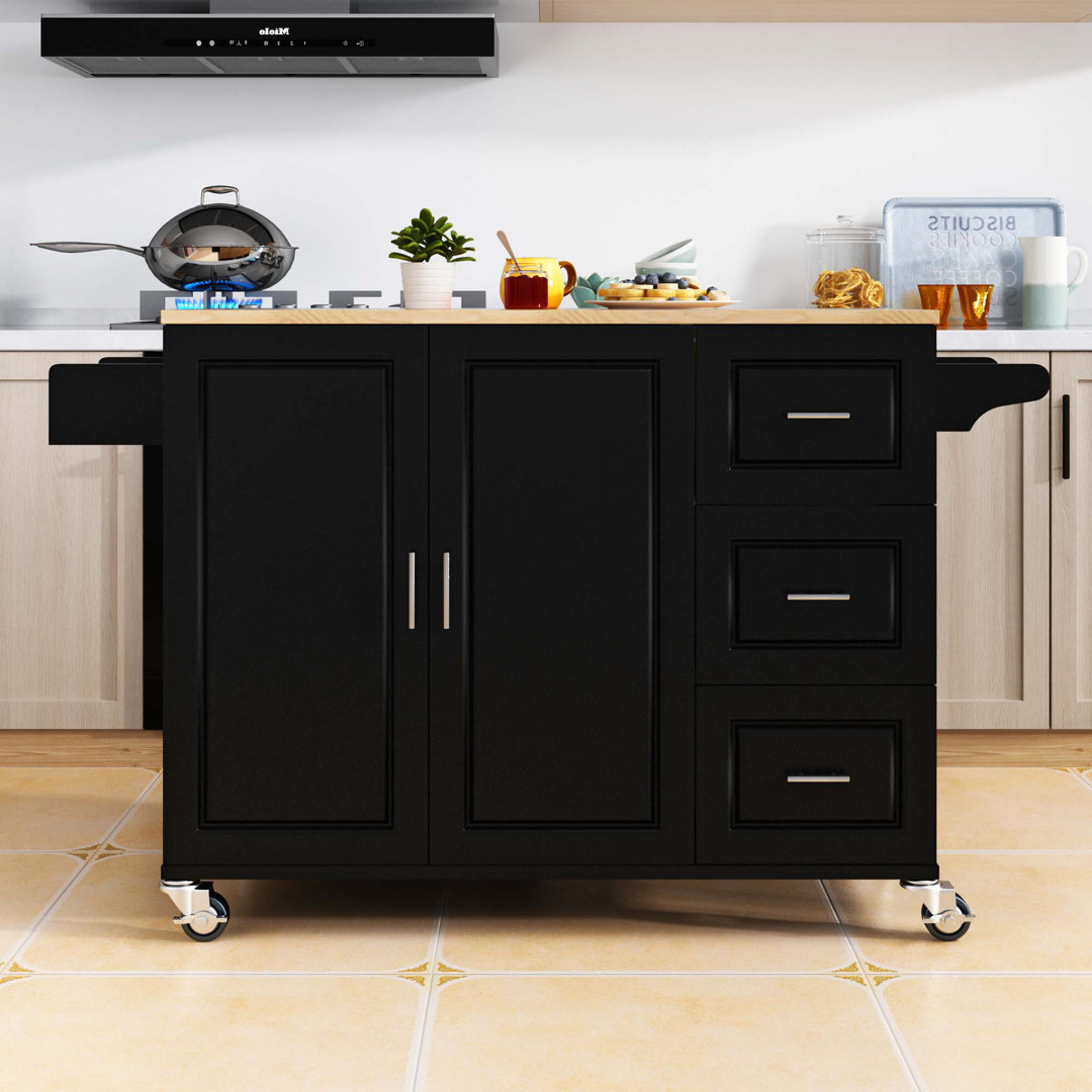 Mobile Kitchen Island With Extensible Rubber Wood Table Top Andjustable Shelf Inside Cabinet, Red Barrel Studio® Base