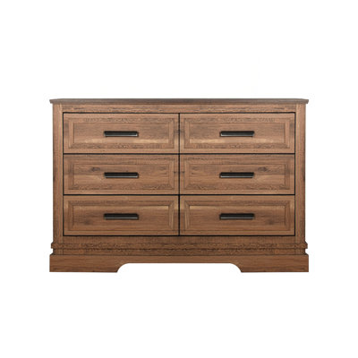 Covy 60 Inch Wide Dresser, Pecan Brown Wood Finish, 6 Drawers, Metal Handles