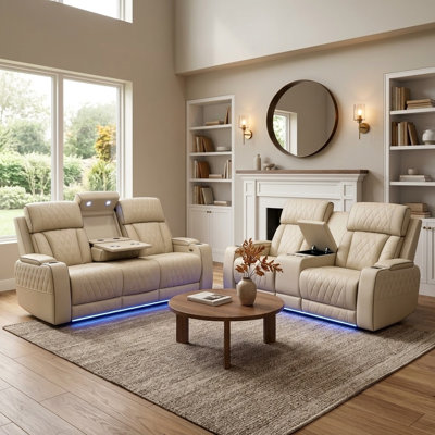 2-Piece Power Recliner Sofa Set with LED Lighting, Wireless Charging, USB Ports & Storage Console