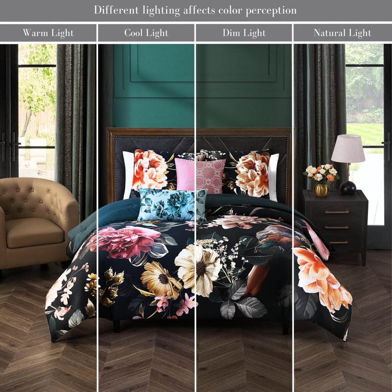 King Black Cotton Reversible Comforter Set with Floral Design