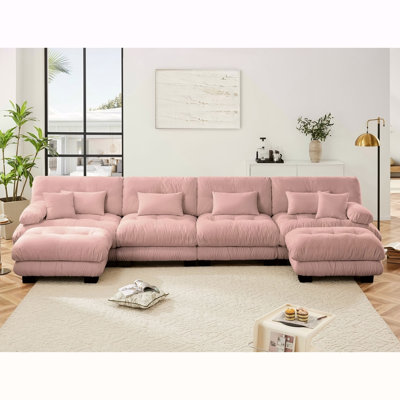 Free Combination Modular Sectional Sofa,U Shaped Couch For Living Room, 4-Seater Comfy Cloud Couch With 2 Ottomans, Chenille Pink