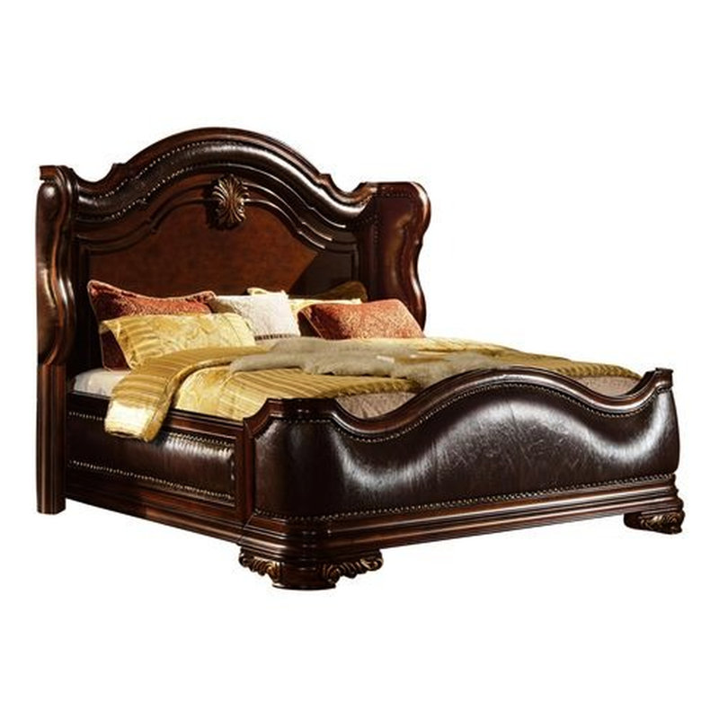 Très grand lit 4 pièces avec composants rembourrés, aspect noyer foncé, dessus en marbre sur la commode et la table de chevet, rangement pleine extension