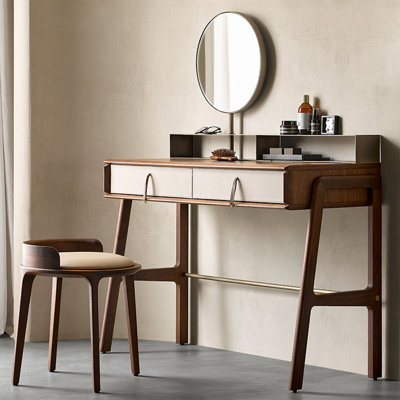Coiffeuse moderne et minimaliste en bois de 110 cm (43,31 po) avec cadre incurvé et miroir de maquillage rond