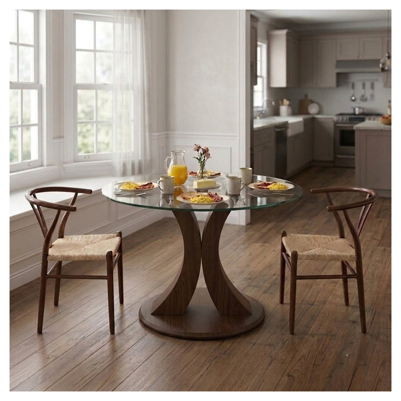 Table de salle à manger ronde en verre de 99 cm (39 po) avec piètement incurvé en bois réglable, conception à pied central modulable 2 en 1, plateau en verre trempé, MDF finition noyer, 4 couverts