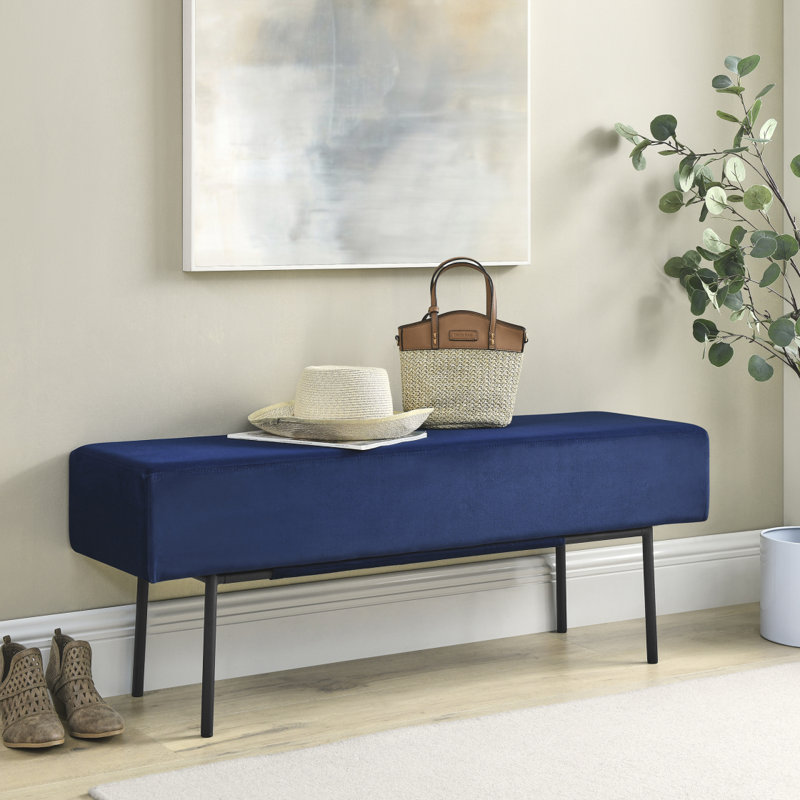 Banc de chambre en velours de style contemporain, bleu (45 po x 13 po x 17 po)