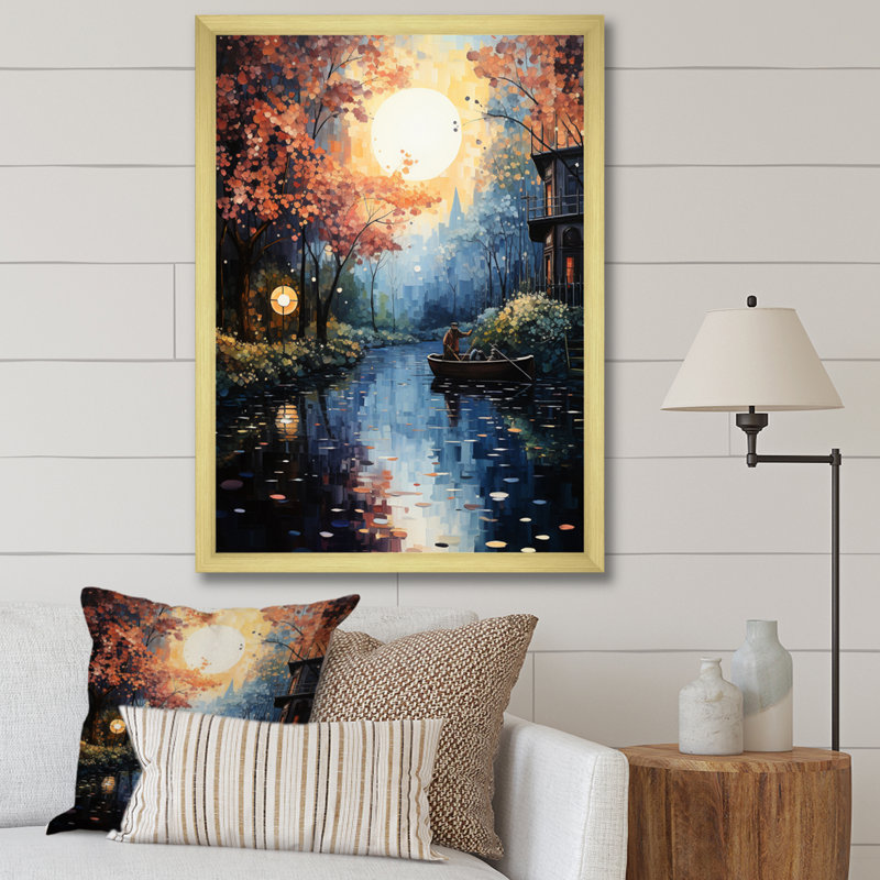 Sempronius " Yellow Canal Whimsy Pointillism ", 32" H x 24" W x 1" D, Gold Picture Framed