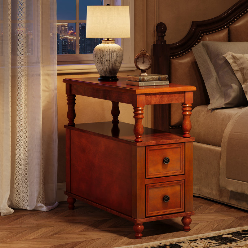 Table de chevet 2 tiroirs en bois massif pour chambre, Brun, Individuel
