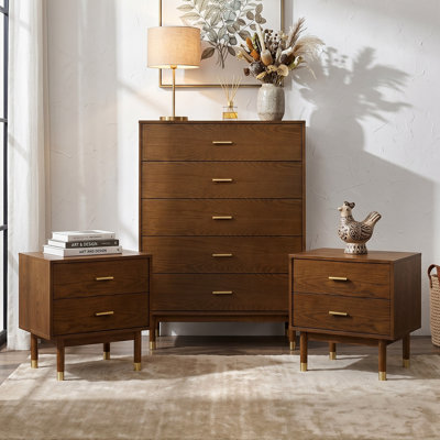 Rosamund Solid Wood 3-Piece Nightstand And Chest With Gold-Capped Legs