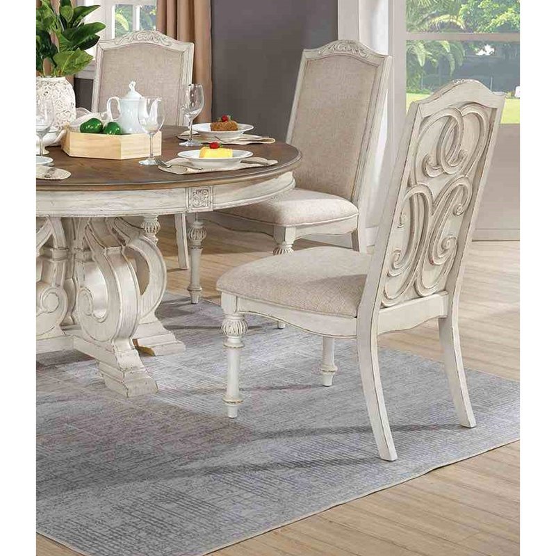 Table ronde rustique 7 pièces élégante pour salle à manger : 6 chaises d'appoint rembourrées en tissu, fini blanc antique, pied central, pieds finement sculptés et placage en bois massif.