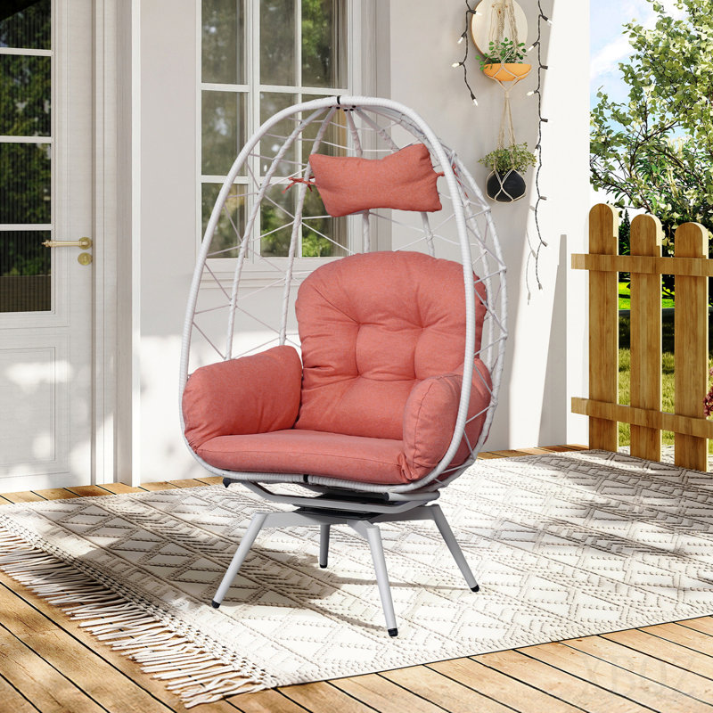 Oversized 360° Swivel Rattan Egg Chair Wicker Indoor Outdoor Patio Lounge Chair With Removable Thick Cushions, Orange-Red