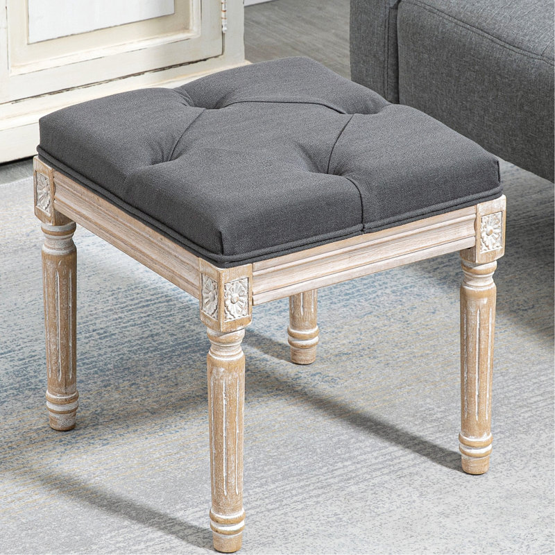 Repose-pieds avec siège rembourré et pieds en bois rustique, gris pour le salon de la chambre à coucher