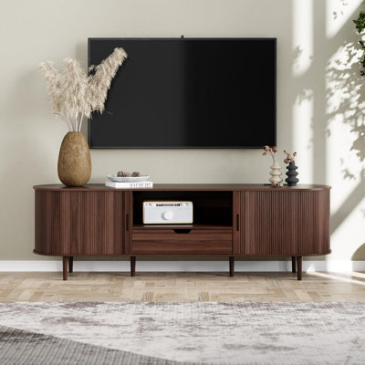 TV Stand with Storage For 55" - 78" TVs, 71" Entertainment Center with Power Outlet, Fluted Media Console with Sliding Doors, Mid Century Modern Wood TV Console With Drawers And Shelves For Living Room
