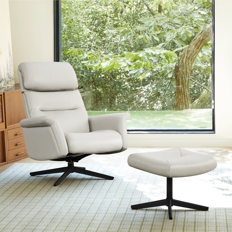 Genuine Leather Accent Chair With Adjustable Headrest & Ottoman, Light Gray