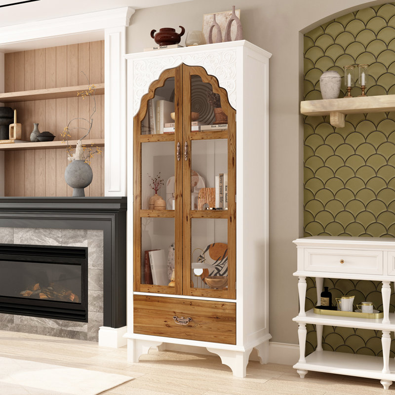 Display Cabinet With Tempered Glass Door And Exquisite Carvings, White/Brown