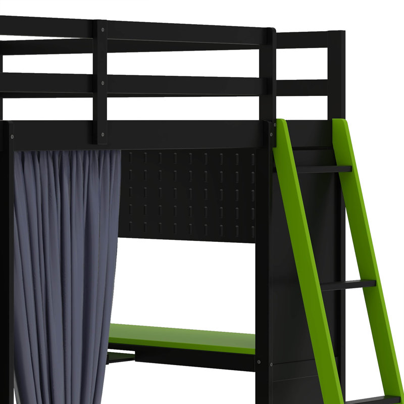 Full Size Loft Bed With Desk And 6 Storage Shelves, Wardrobe, Blackout Curtain, Black/Green