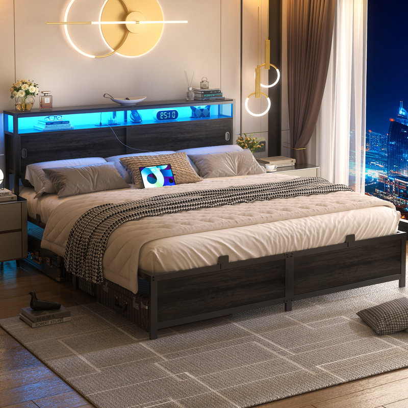Lit de rangement avec portes coulissantes, lumières DEL et station de charge USB, Gris, Très grand