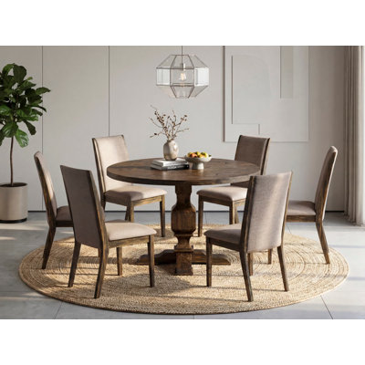 7 Piece Modern Dining Table Set Contains a Mid Century Dining Table and 6 Dark Khaki Linen Fabric Mid Century Chairs with High Back - Distressed Jacobean Finish