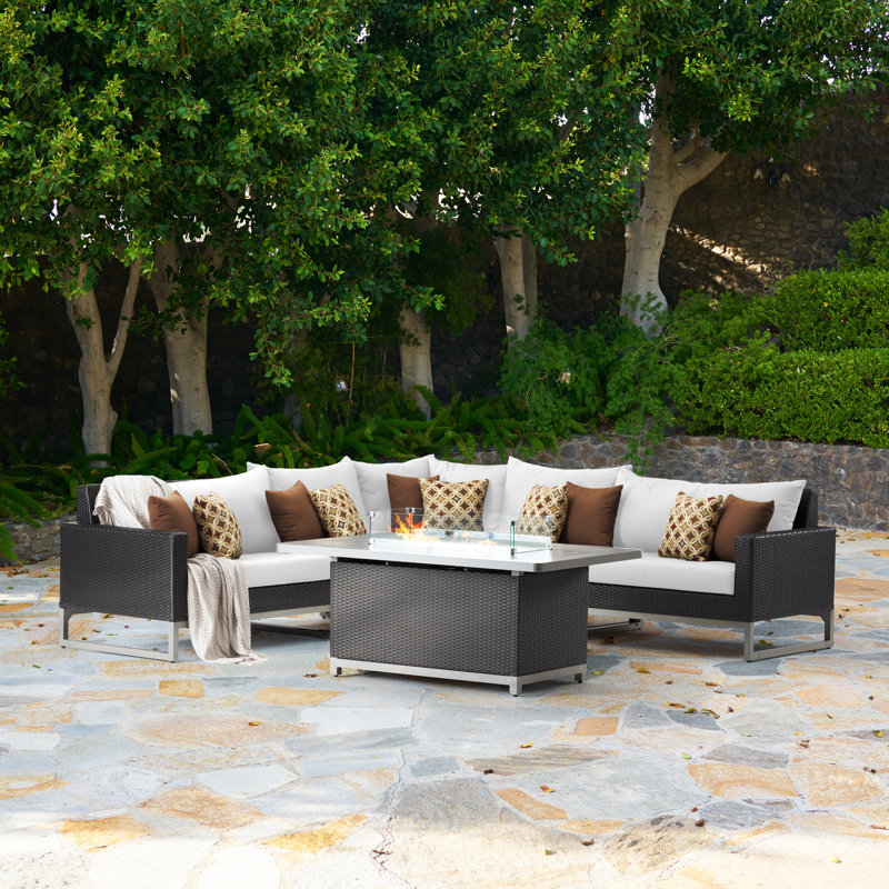 6 Piece Deep Seating Sectional And Fire Pit Table Set, Brown, Centered Ink Stripe Sunbrella®
